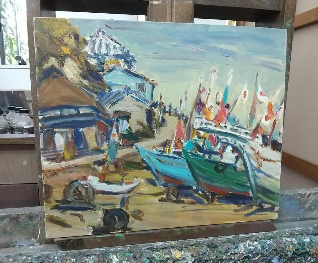 「正月の漁村」川津浜 F8 油絵 絵画 油彩画 日本 日の丸 国旗