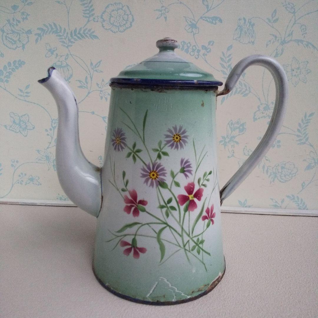 アンティークJAPYホーローコーヒーポット フランス バラ パンジー