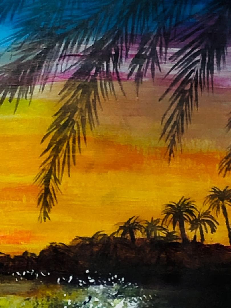 绘画「南国の夕烧け」アクリル絵/新品額縁