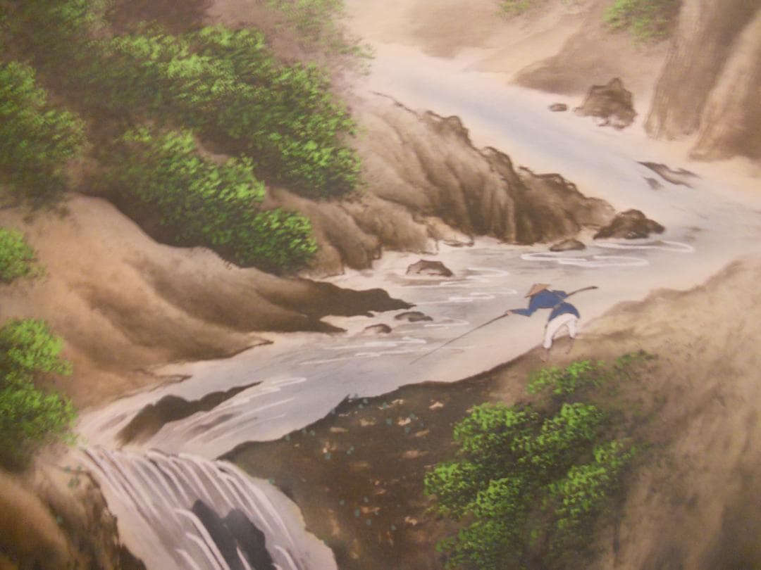 掛け軸 花峰 彩色山水 絹本 希少 軸装 茶道具 掛軸 美品 です。