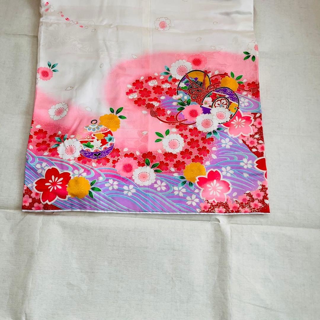 七五三　7歳　四つ身着物正絹　結び帯　草履バッグ　はこせこセット　帯揚げ　しごき