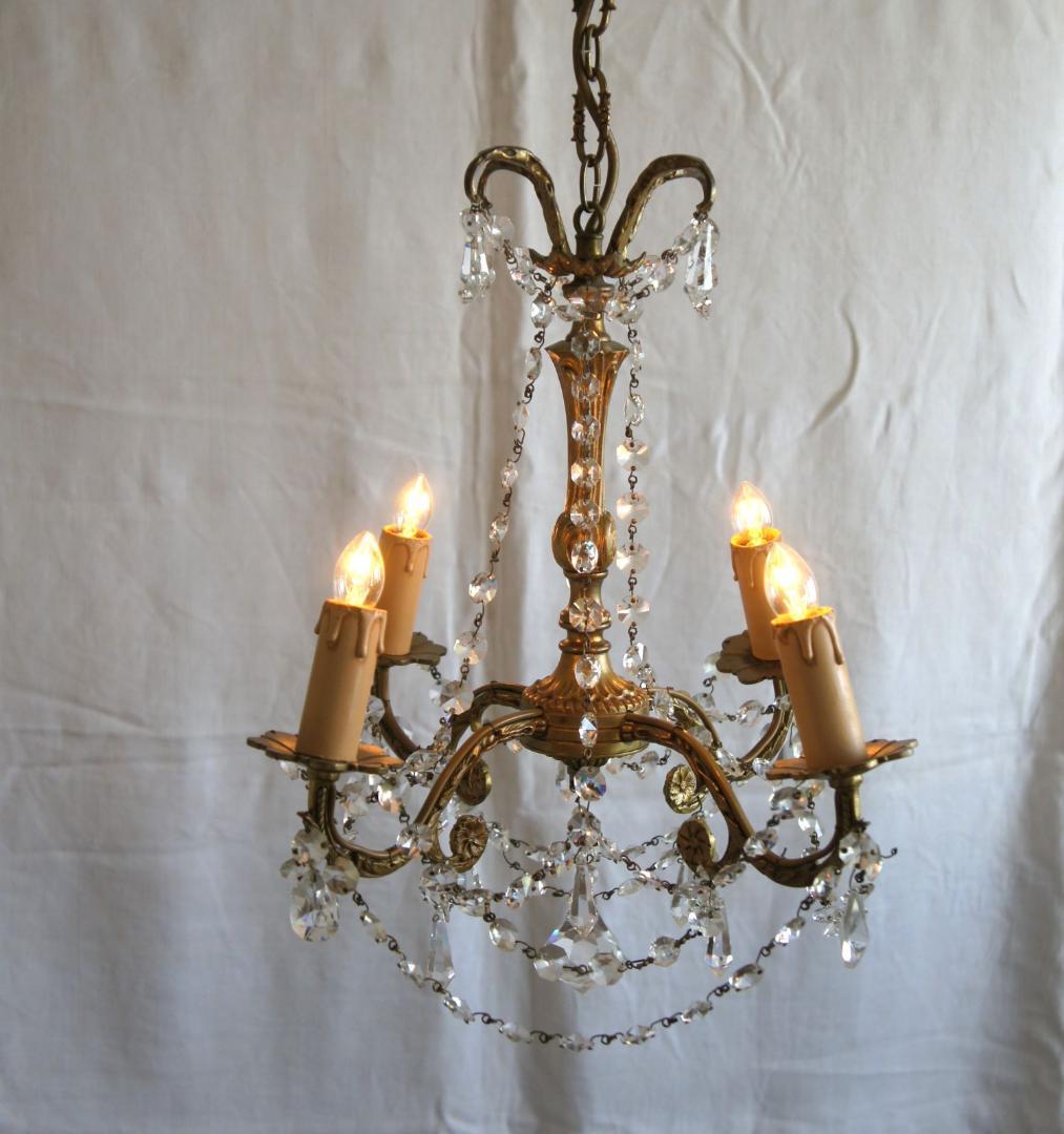 フランス アンティーク シャンデリア 4灯 ガラスドロップ 照明 ランプ