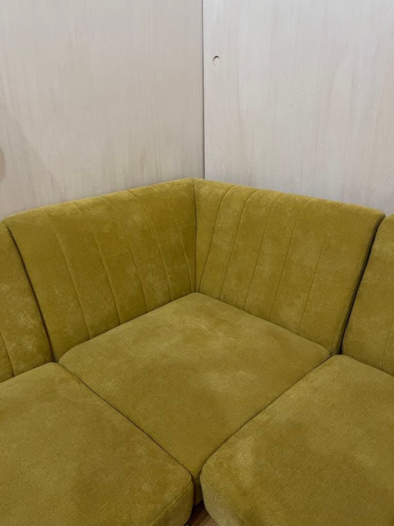 マスタード色 L字型ファブリックソファセット