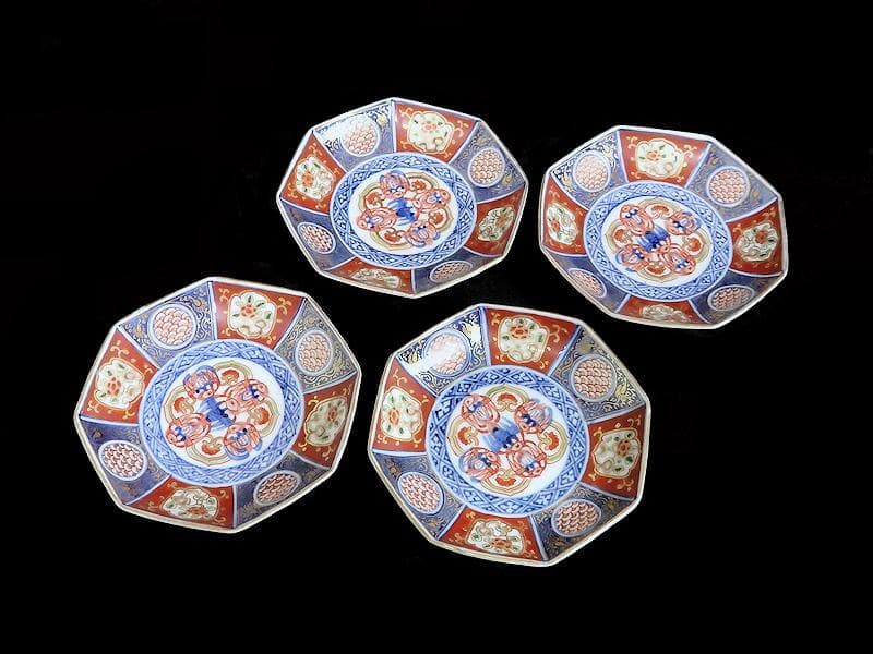 大聖寺伊万里　金襴手　描分　花に青海波八角４寸皿　４枚　C865AS-CEr 大聖寺伊万里 金襴手 描分 花に青海波八角4寸皿 4枚 C865AS-CEr