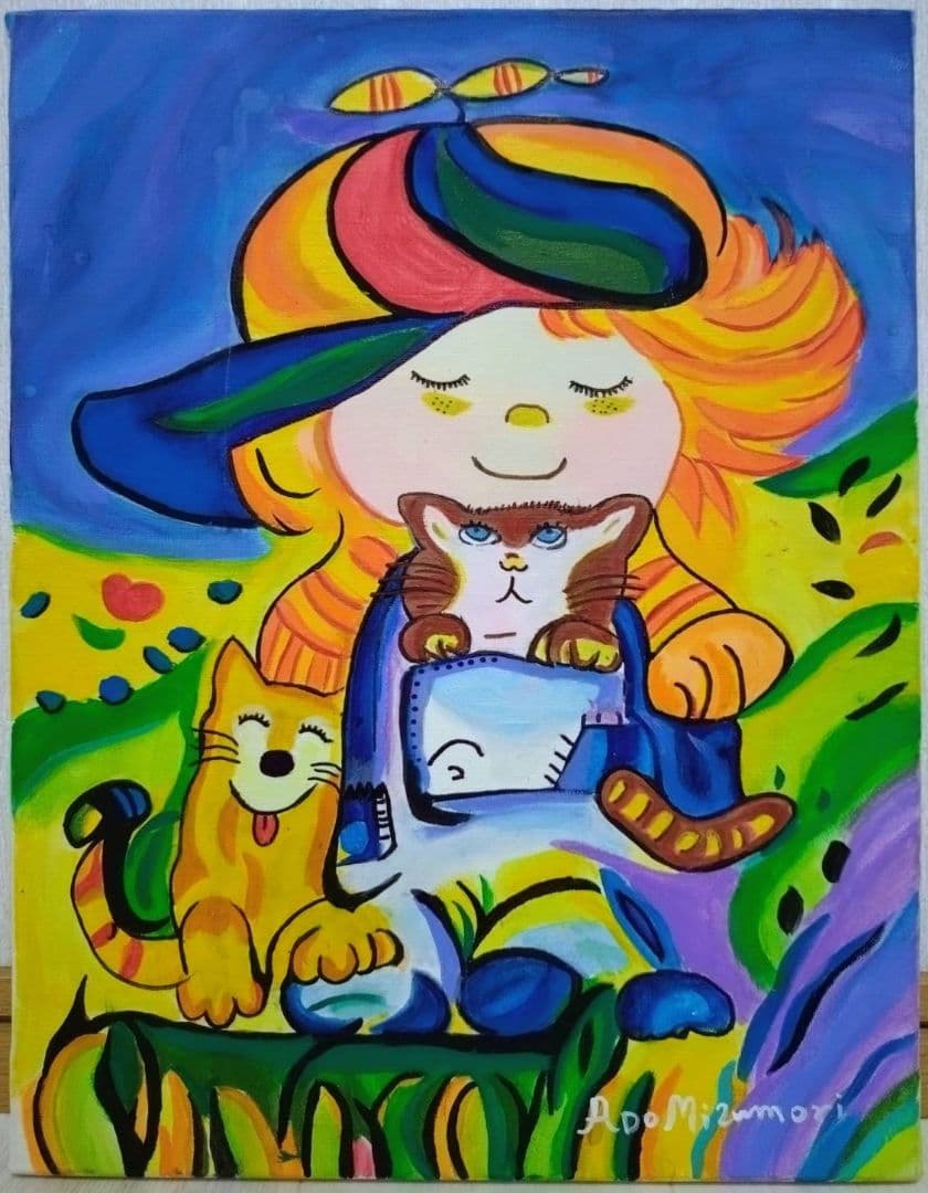 F6号】水森亜土 手描き作品/表裏サイン・裏描き有/油彩/アクリル/額縁/額装