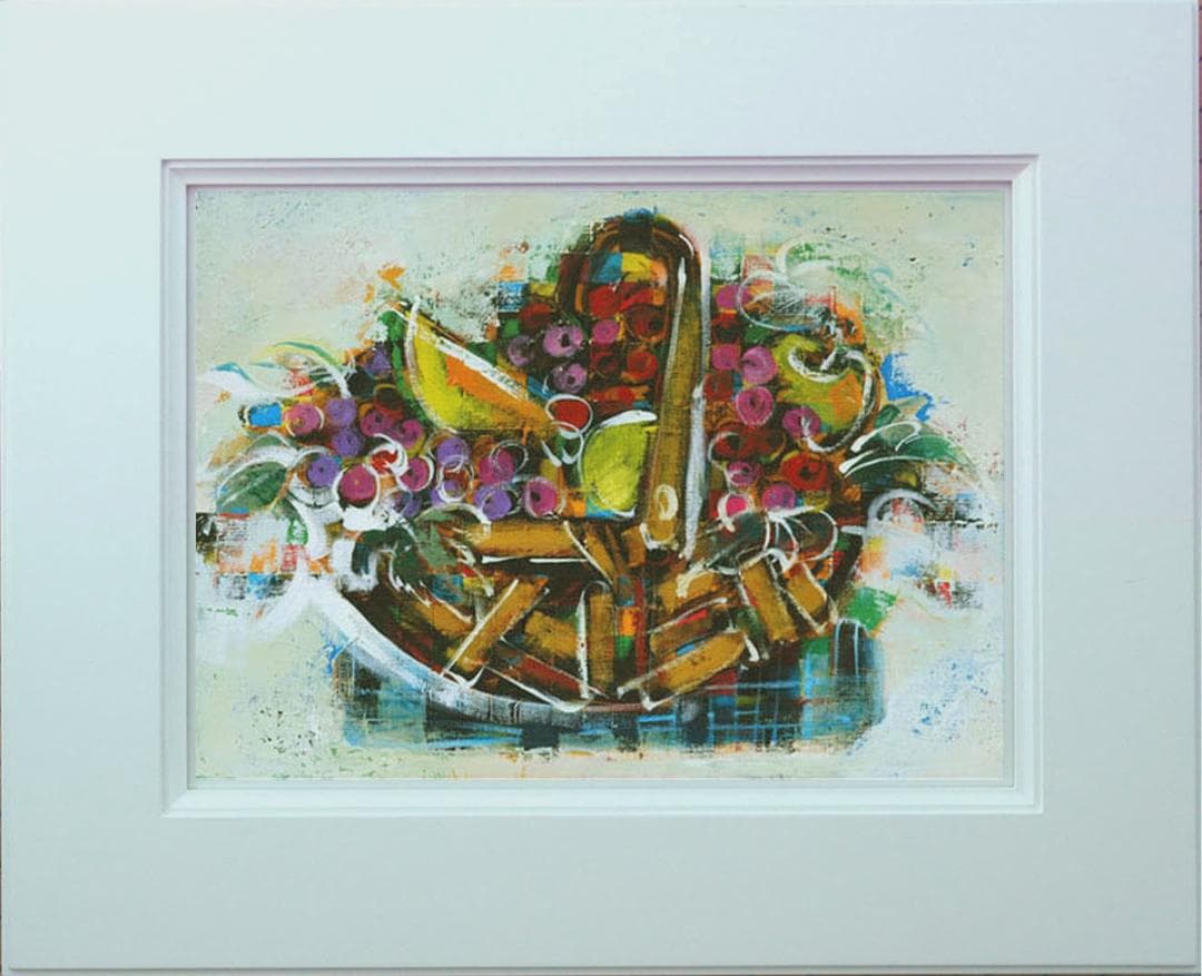 油絵 菅家令子インテリア 額付(青緑＋金色の枠) uF6-061403 フルーツ