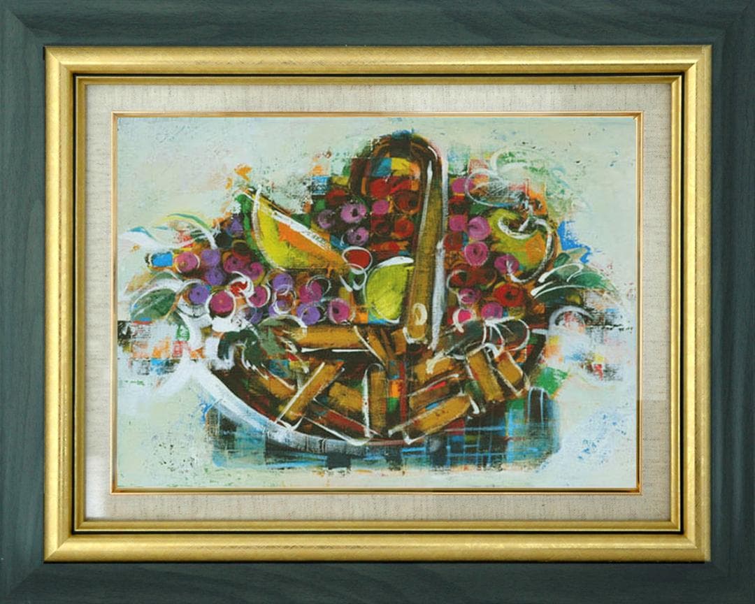 油絵 菅家令子インテリア 額付(青緑＋金色の枠) uF6-061403 フルーツ