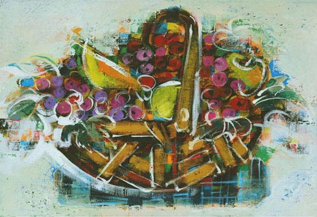 油絵 菅家令子インテリア 額付(青緑＋金色の枠) uF6-061403 フルーツ