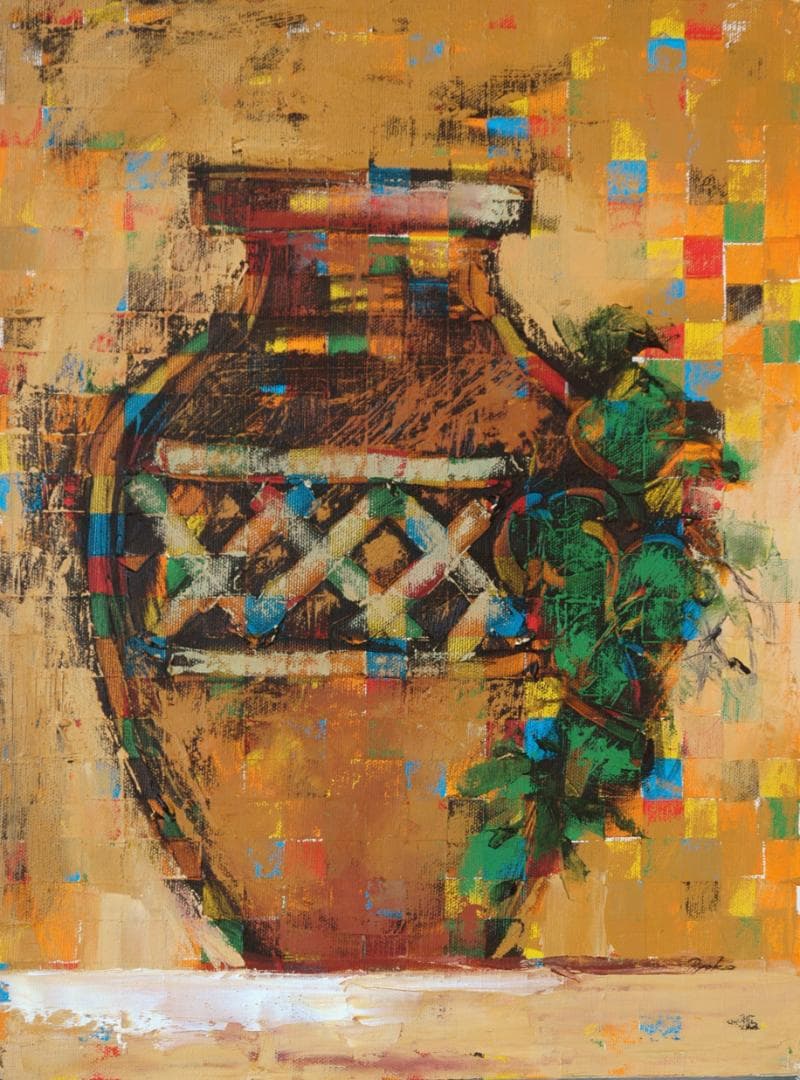 油絵 菅家令子 絵 絵画インテリア額付(黒) uF6-064104 静物 壺 瓶