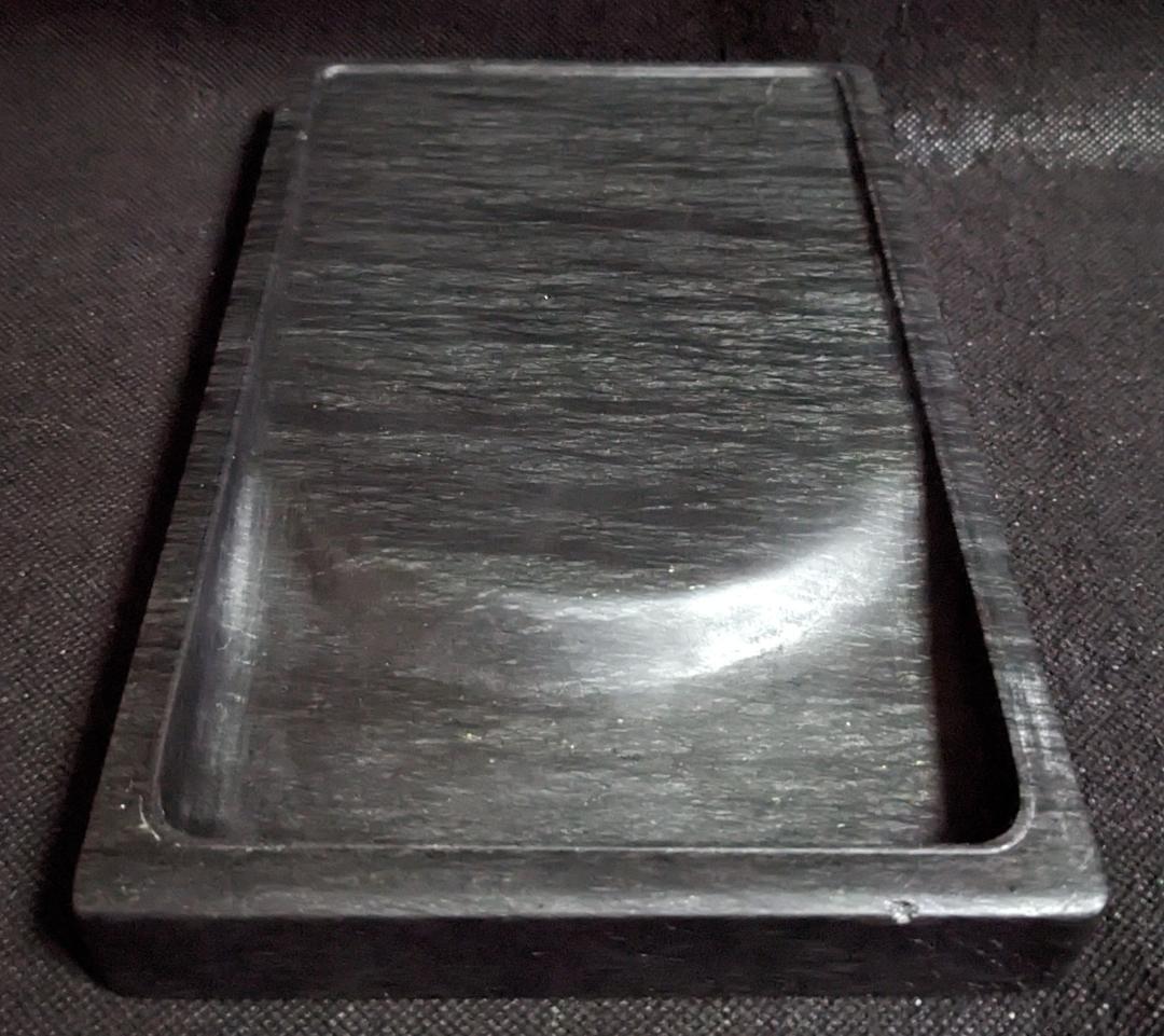 歙州硯】◇水波眉子紋・銀華紋・銀線の蒼黒美石◇約八吋◇唐木箱◇龍