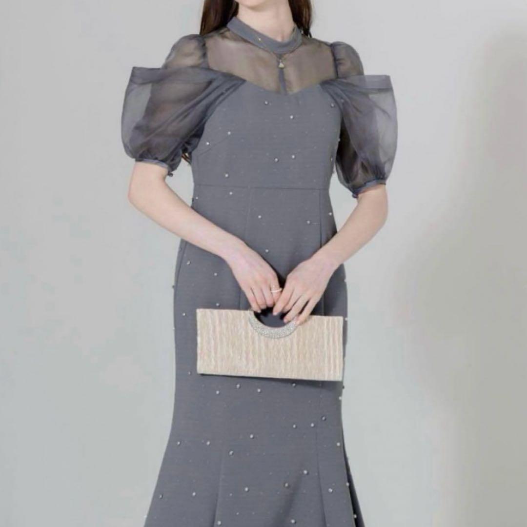 完売商品Leja パールビジューオーガンジーレースマーメイドワンピースドレス S