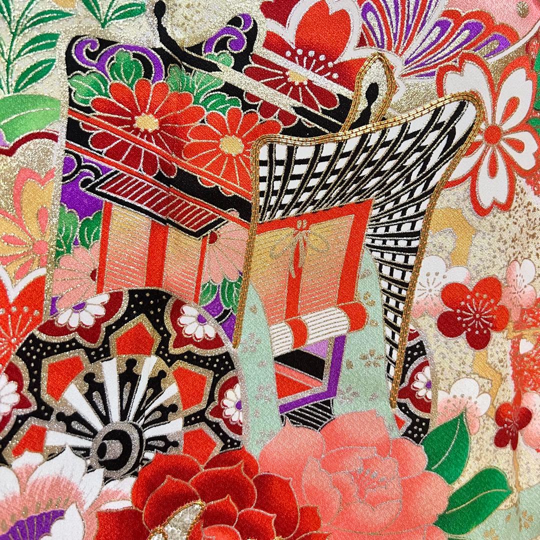 着物　七五三　7歳　女の子　13点　フルセット　オレンジ　御所車　花文　吉祥文様