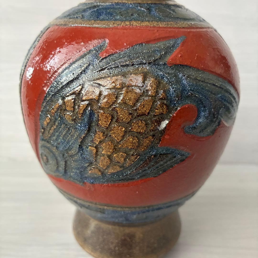 壺屋焼 小橋川清正 赤絵 魚紋 花瓶 沖縄 花器 インテリア 壺 工芸品