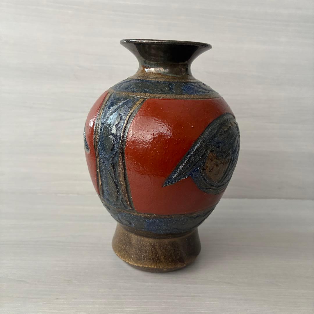 壺屋焼 小橋川清正 赤絵 魚紋 花瓶 沖縄 花器 インテリア 壺 工芸品