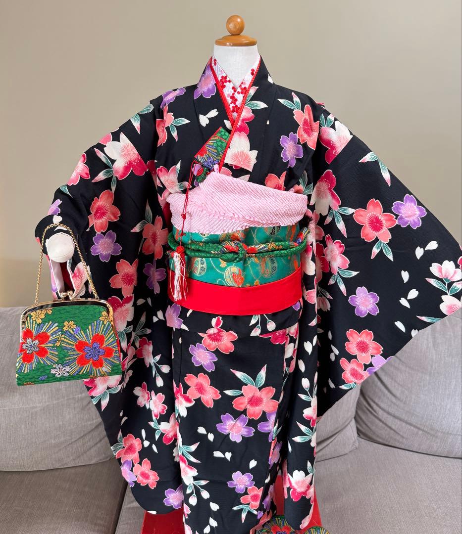 七五三着物帯セット　7歳　黒花柄