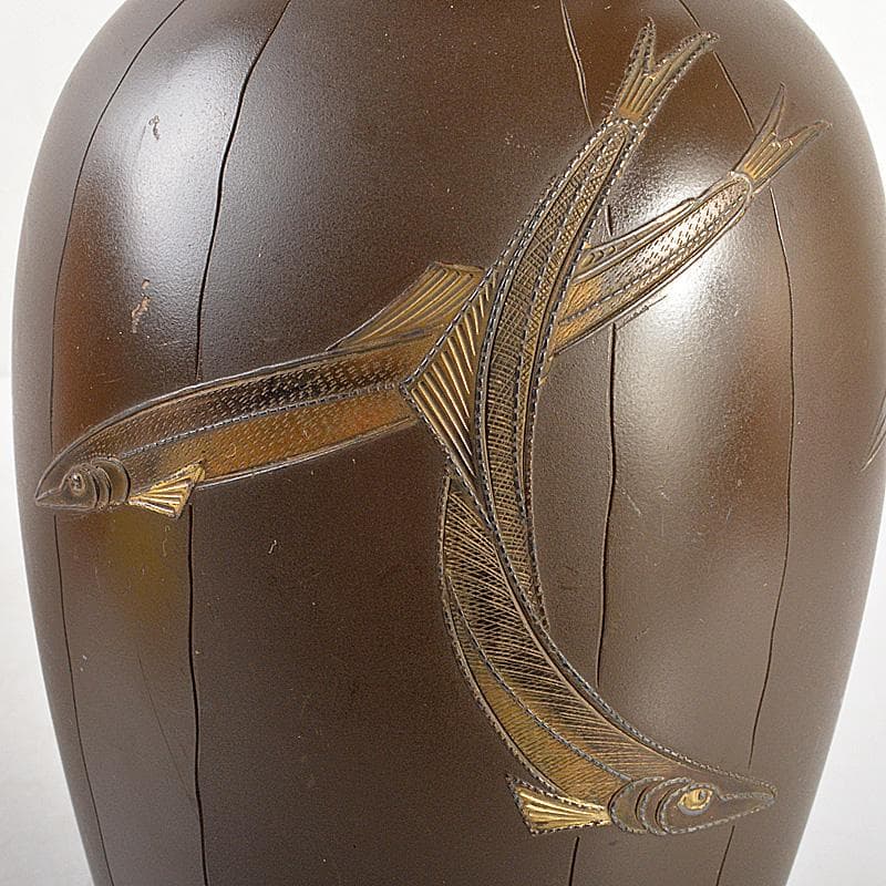 精金堂作　魚彫　宣徳銅花瓶　花入　共箱　V　5985C