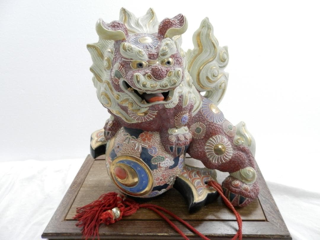 時代物 九谷焼  金彩 色絵  狛犬  唐獅子 小槌獅子 縁起物 魔除け 陶器