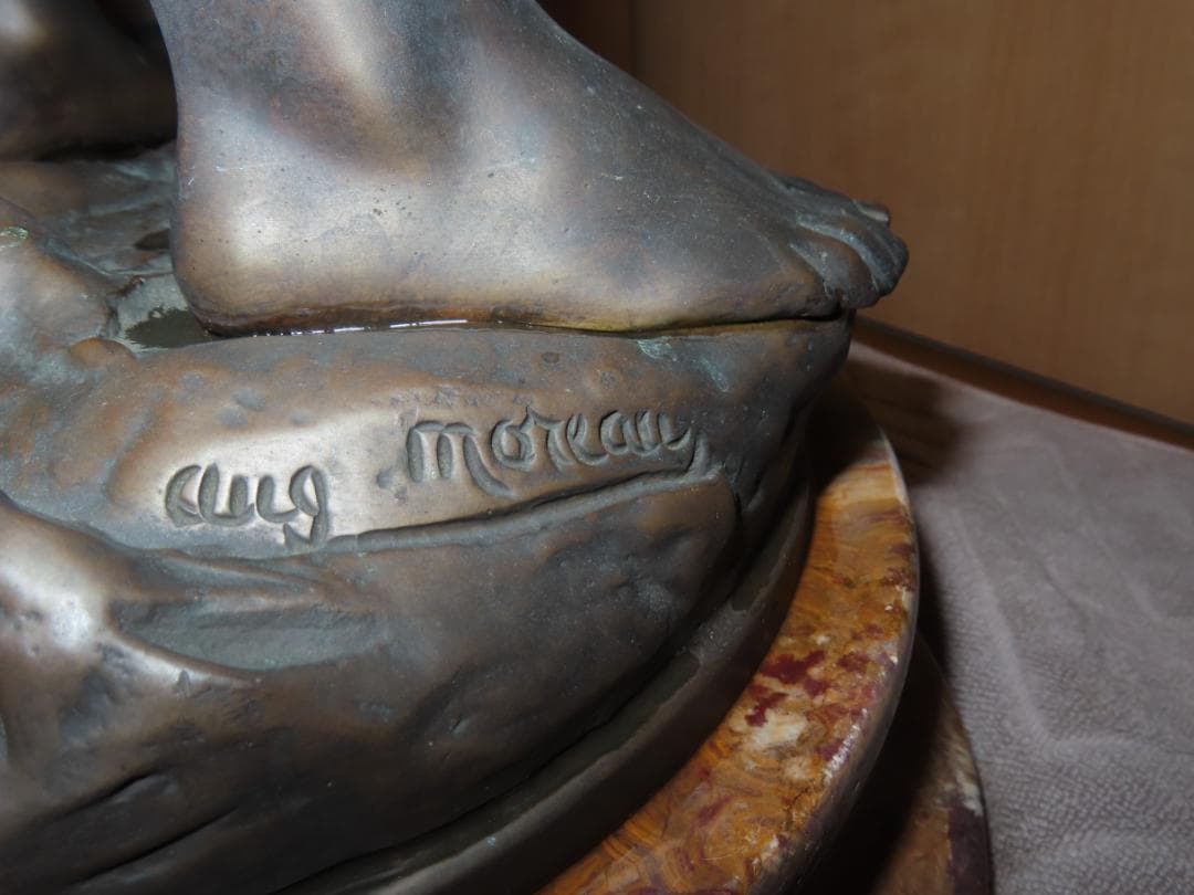 フランス彫刻家オーギュスト・モロー「少年と小鳥」 ブロンズ像 銅像