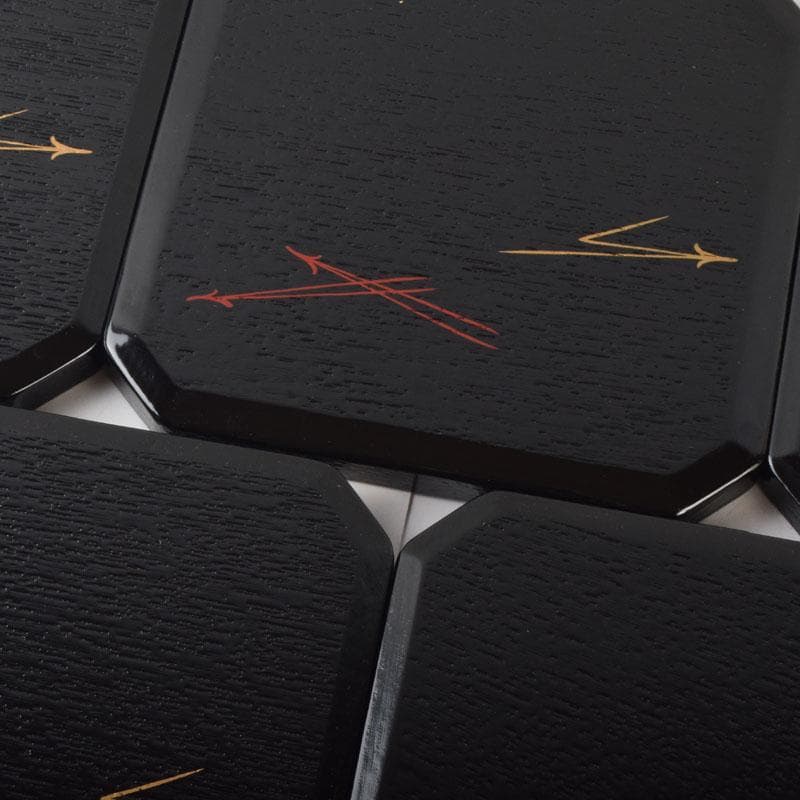 和食器　黒漆　松葉蒔絵　柿合　折曲重箱　5点　C　8573A