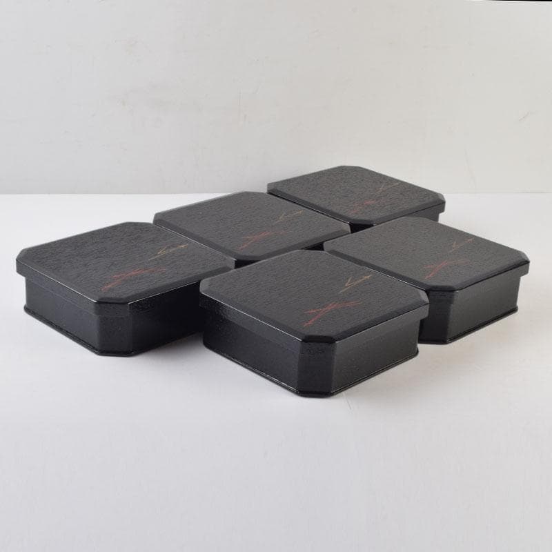 和食器　黒漆　松葉蒔絵　柿合　折曲重箱　5点　C　8573A