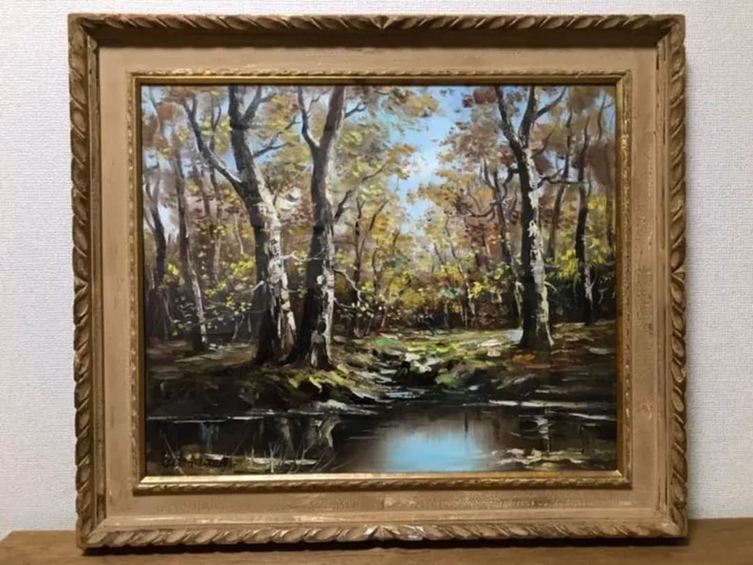 癒しの油彩画【秋の水辺】F12号 油絵 肉筆 絵画 アンティーク 額縁 一点物
