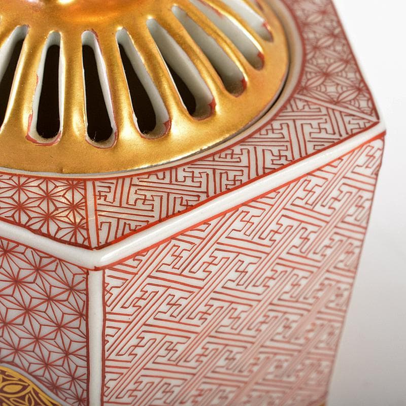 茶道具 九谷焼 西野昭弘 昭月造 本金赤細書小紋 香炉 共箱 U R6040