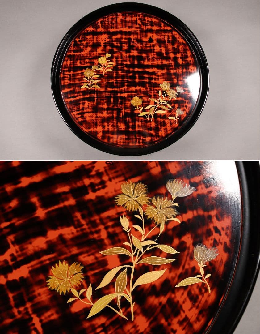 M851/ 木製漆器 草花絵変蒔絵 足付円形膳 五客 根来 黒塗 / 丸輪島加賀