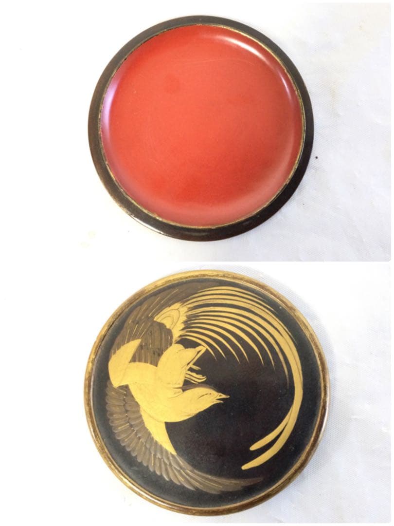 漆芸 鳳凰蒔絵 足付段重 蓋物 骨董 時代物 Mラ