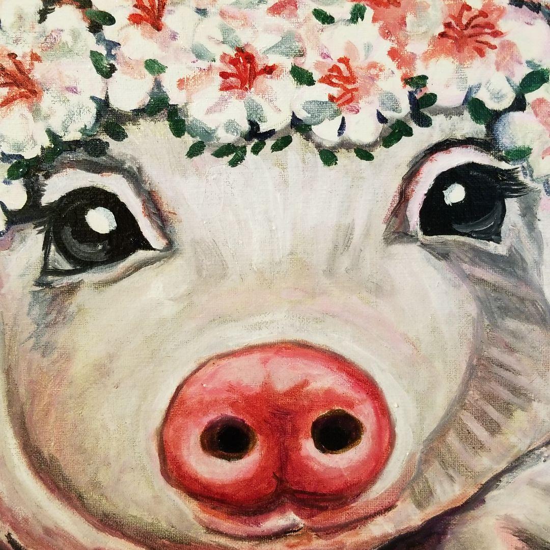油絵 専用 頭に花をのせた豚