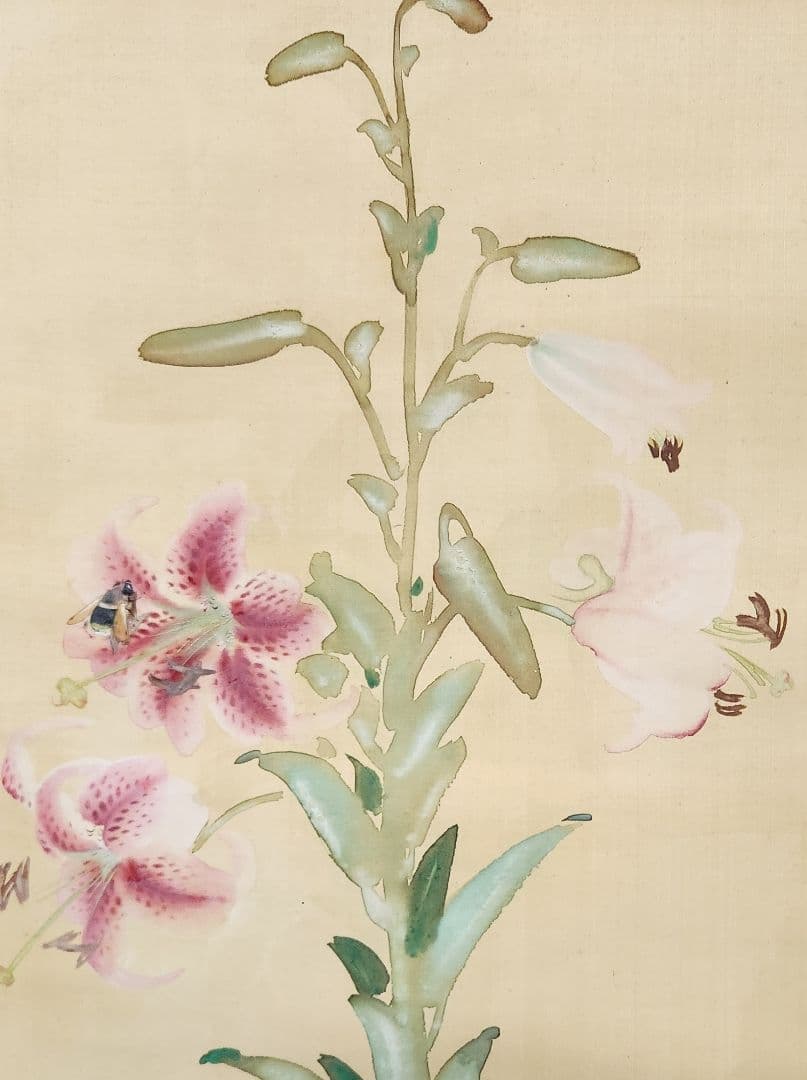 百合花図】武田鼓葉 2660 ユリに蜂 掛け軸 肉筆 - メルカリ