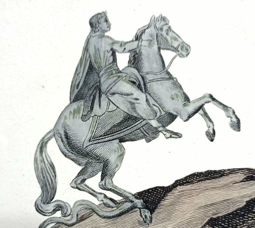 額装品 古典版画 1800年頃 ピュートル大帝の青銅騎馬像 ロシア 稀少作品