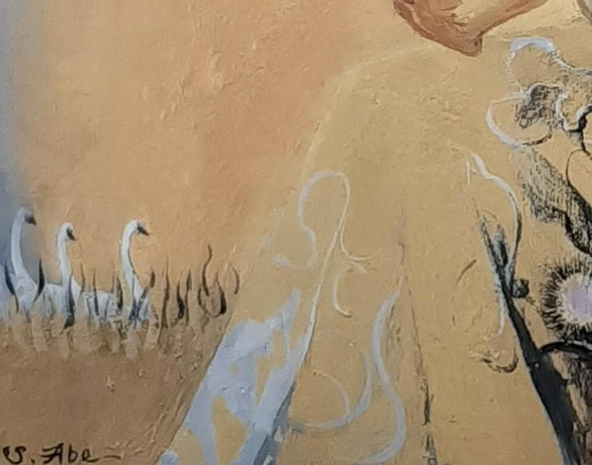 阿部盛有、「或る日の母子 Cardo(フジアザミ)」、希少画集の額装画、四季