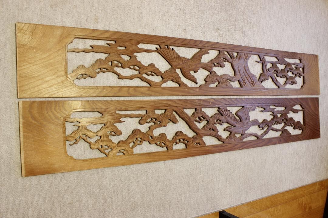 縁起の良い欄間 2枚セット らんま 鶴 松 ひでしな商店 / 鶴と松の彫刻欄間