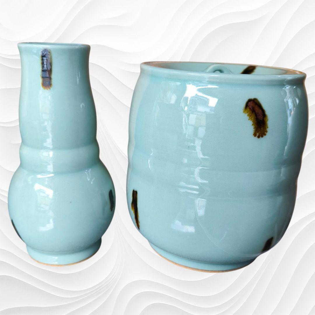 極美品✿皆具 飛青磁 静山窯 木箱付き 茶道具✿古道具 水差し 杓立 建