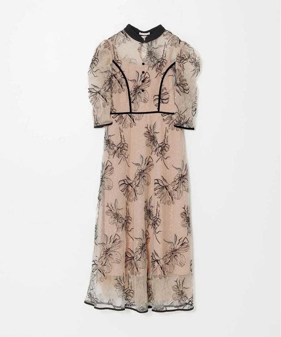 LEJA パイピングハイネック花柄ラメレースワンピースドレス ベージュ S