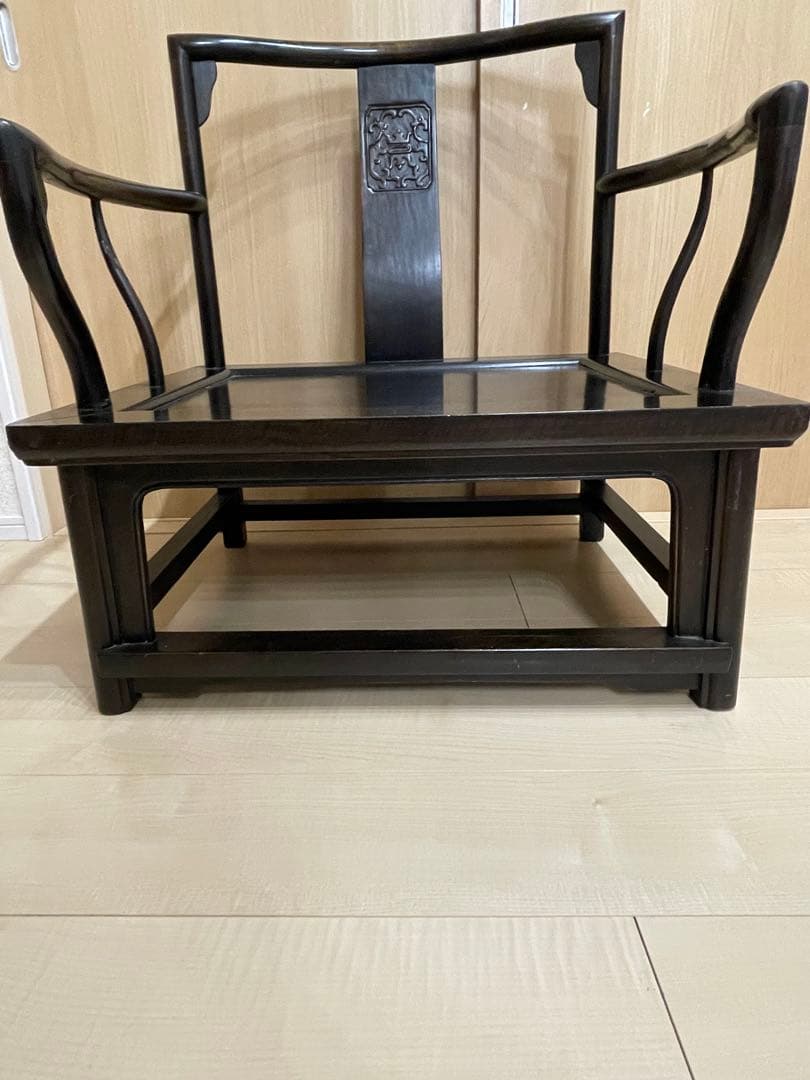 彫刻入り黒色木製座椅子 座卓ちゃぶ台四角