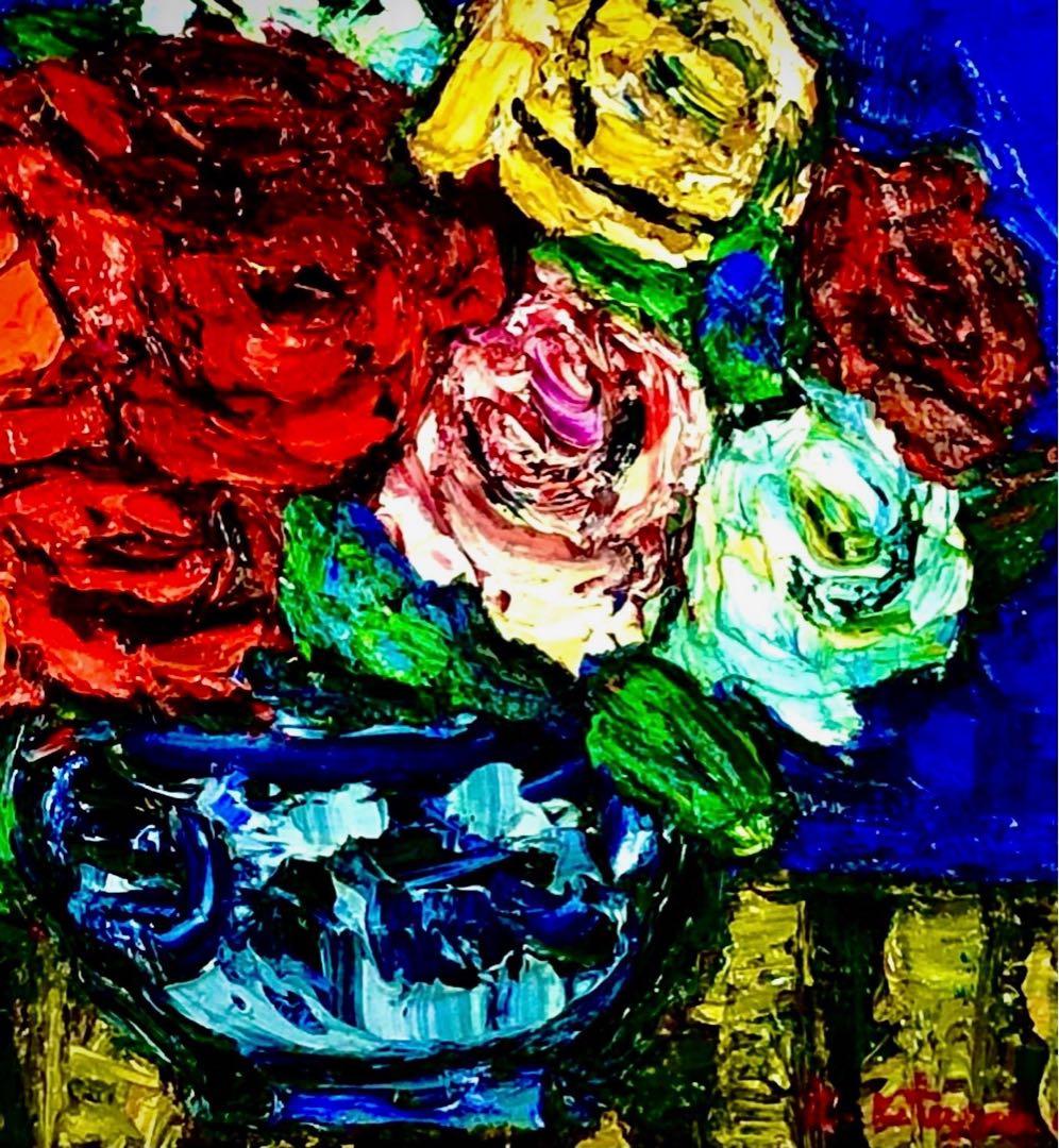 北川金治 真作「薔薇」油彩4号 色鮮やかな厚塗り薔薇図名品 サイン