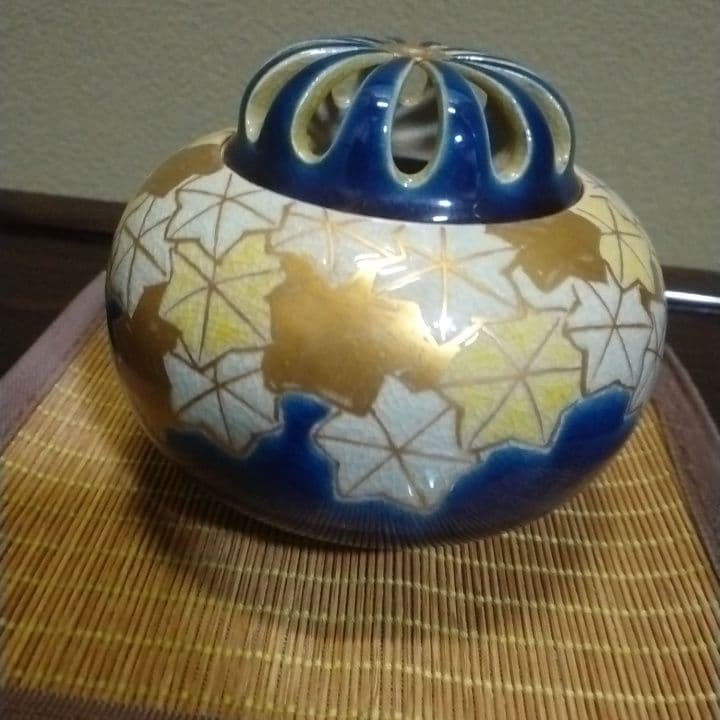 九谷焼竹田有恒七平窯秞裏萌黄金彩香炉美品