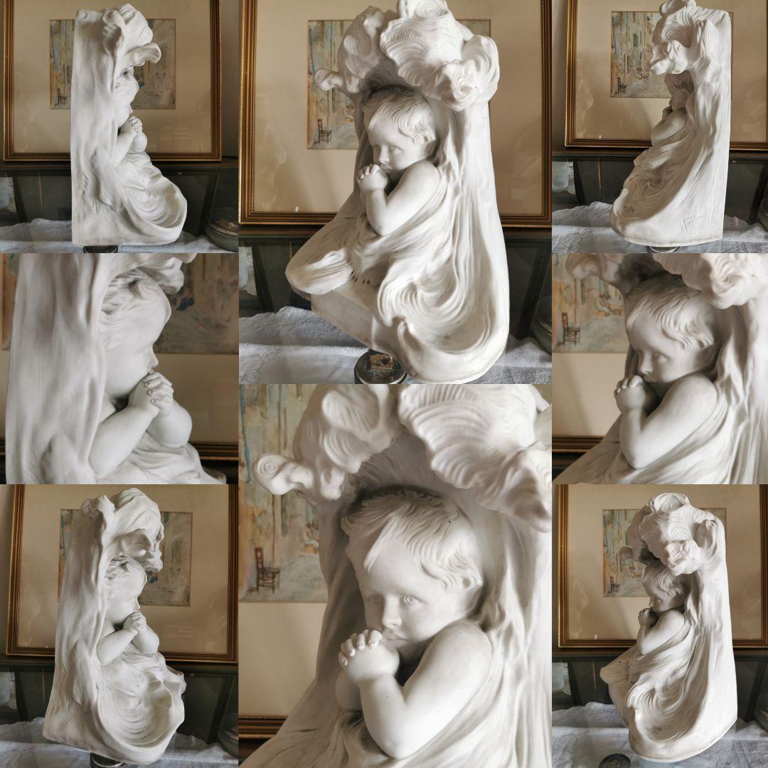 アンティークフランス 大型素焼きビスク彫像塑像 少年の祈り 作家物