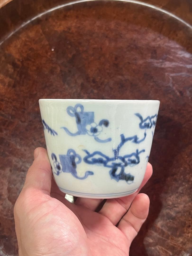 古伊万里 蕎麦猪口 賢人 仙人 人物 蘇轍 印判 宝珠 軍配 団扇 経巻 宝