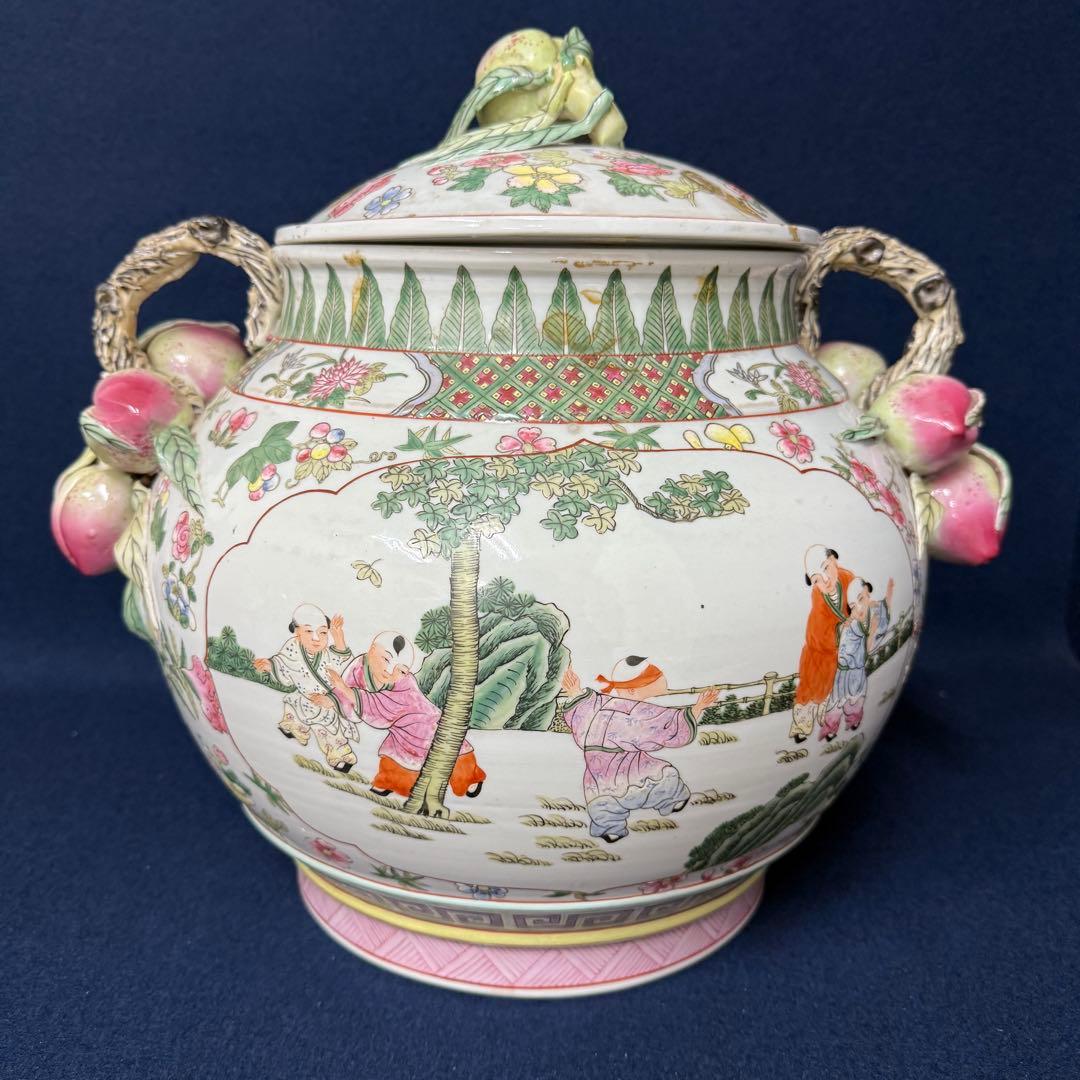 大清乾隆年製 大振り 蓋物 粉彩 桃 唐子 中国 唐物 時代 古玩 蔵出 骨董品