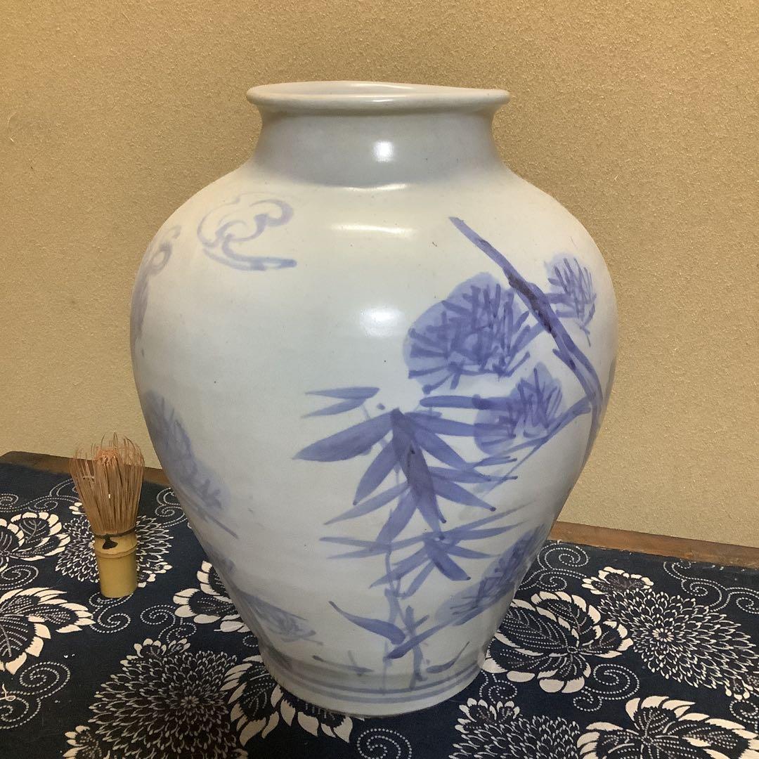 李朝 朝鮮 壺 大壺 花器 花瓶 松笹紋 砂高台 古伊万里・粉