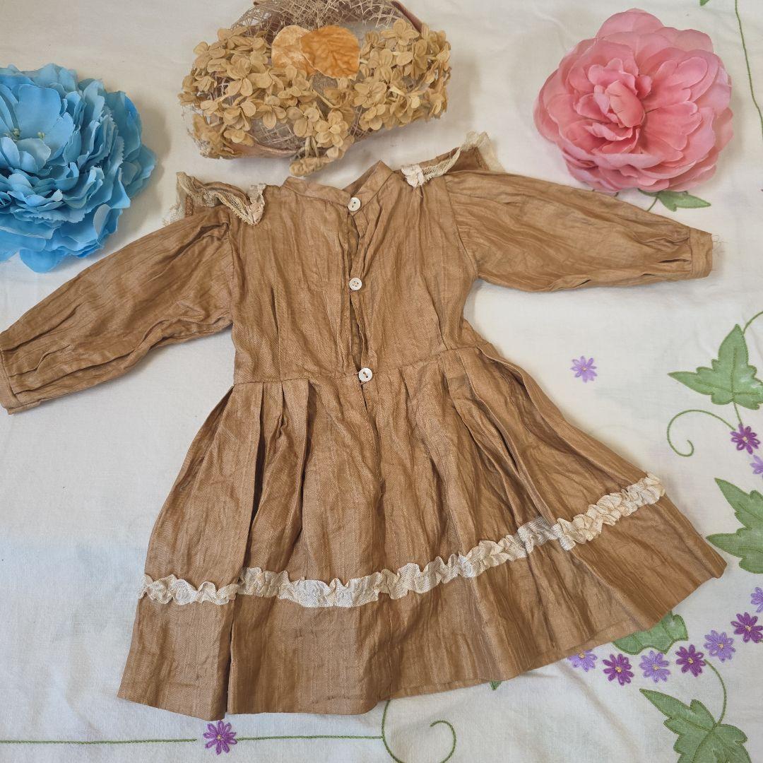 アンティーク ビスクドール用ドレス チョコレート色 布花ボネ付き