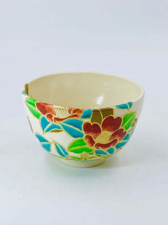 【加藤利昇】仁清写　椿　茶碗　桐共箱　共布　底部在銘　京焼　茶道具