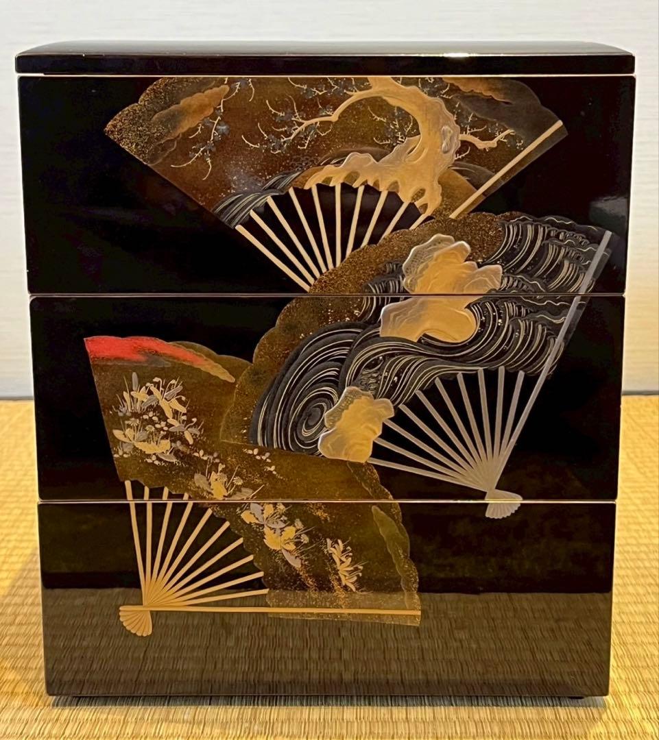 時代漆器 扇面金銀高蒔絵 三段重箱 / 加賀蒔絵 木製漆器 茶懐石道具