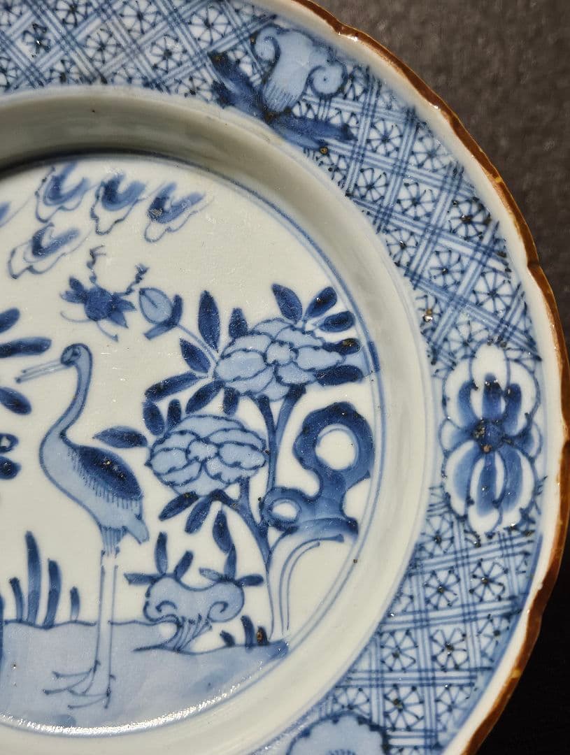 【上作品❗】【名品❗】江戸時代中期　古伊万里　染付　花に鶴図　16.5cm　兜皿