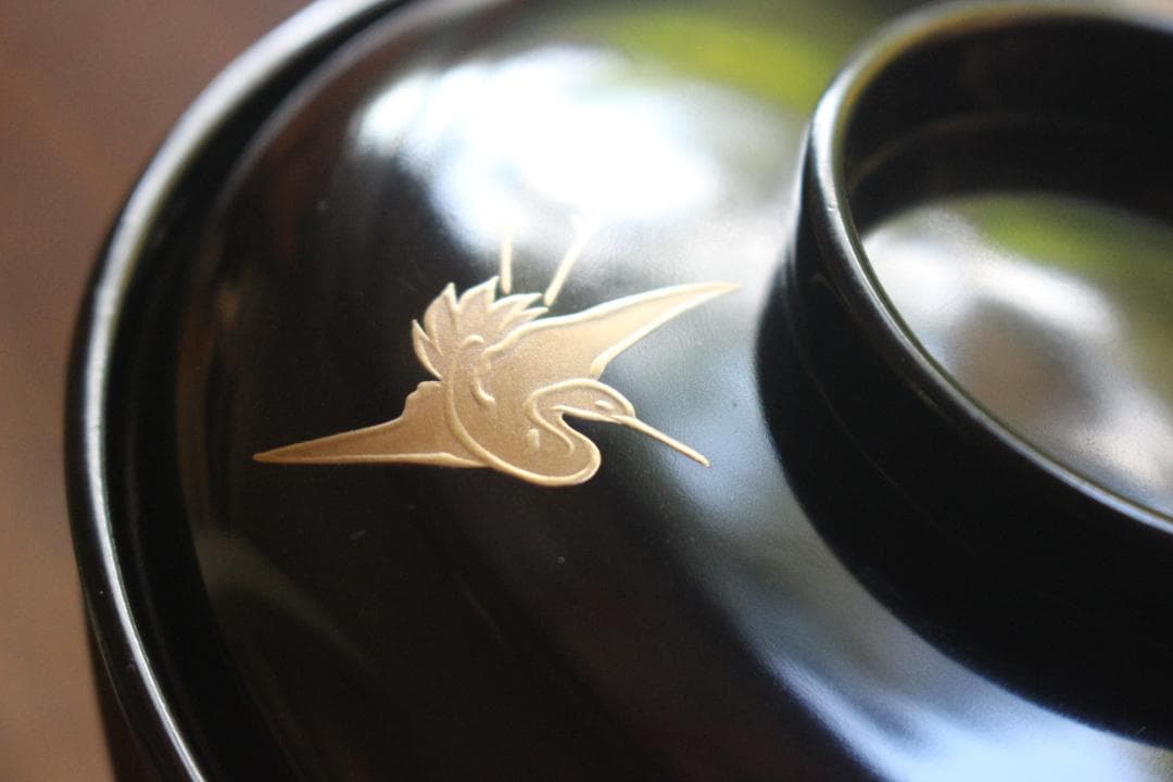 時代逸品！時代黒漆に優美な鶴遠山蒔絵の映える煮物椀2点（検蒔絵椀加賀蒔絵雑煮椀