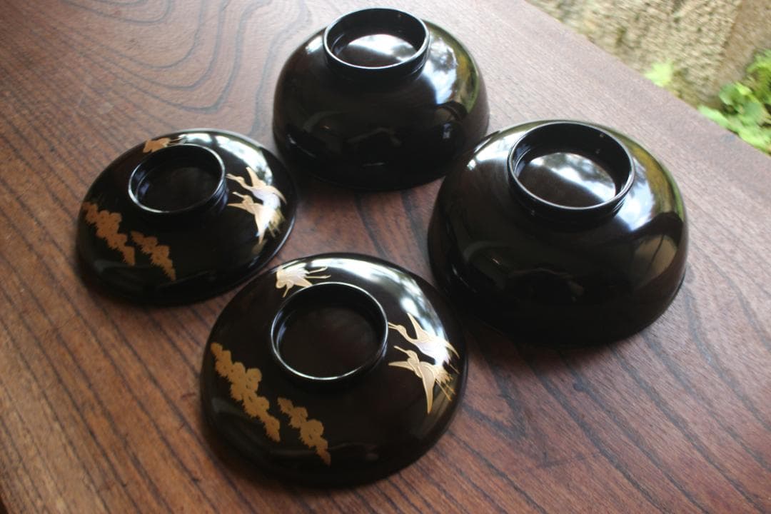 時代逸品！時代黒漆に優美な鶴遠山蒔絵の映える煮物椀2点（検蒔絵椀加賀蒔絵雑煮椀