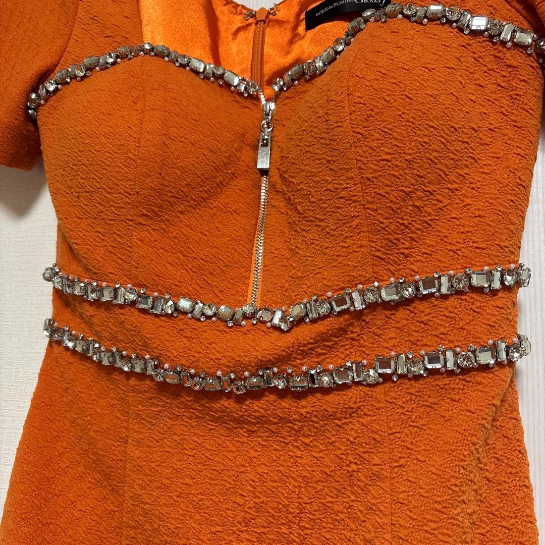オレンジ ビジュー装飾 タイトドレス