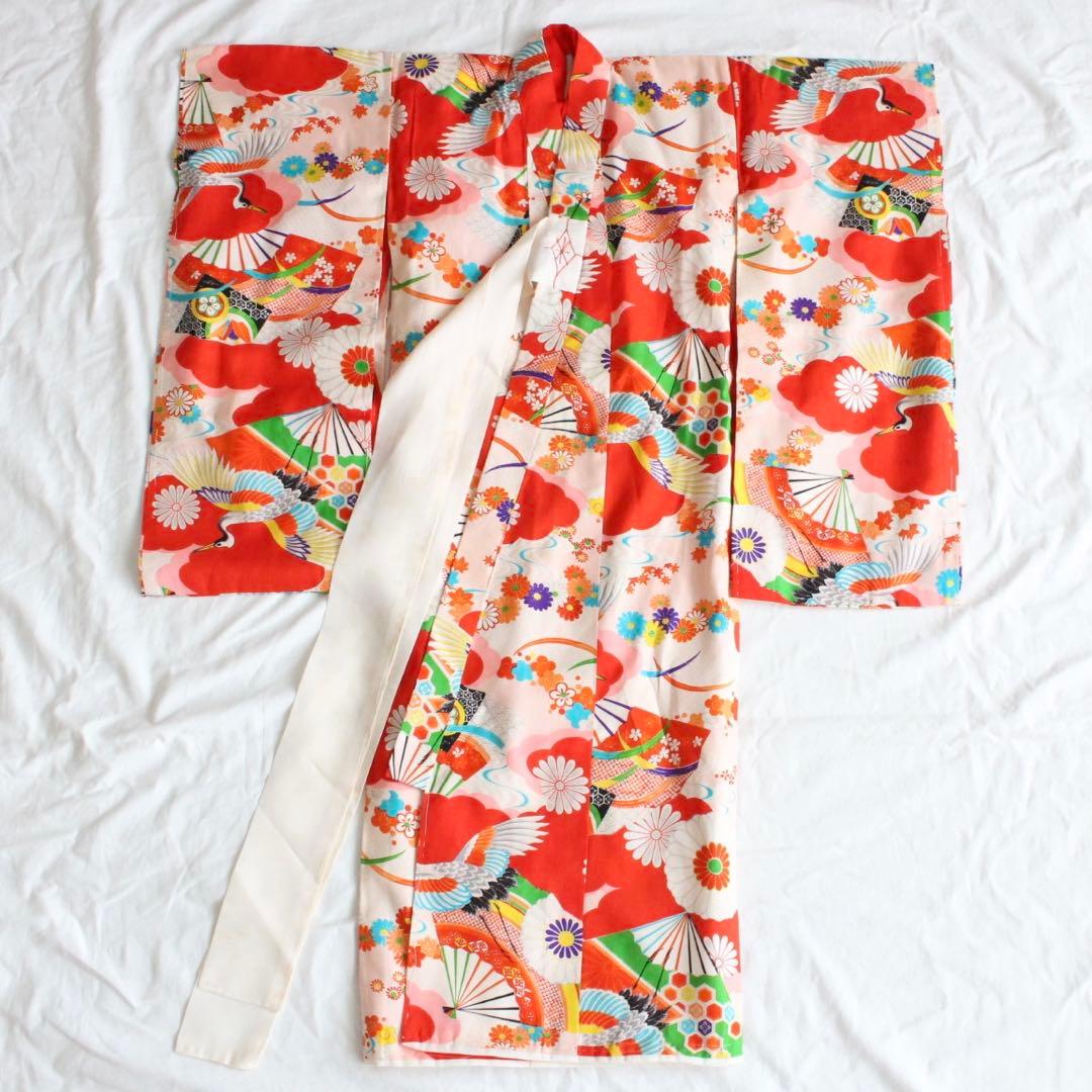 七五三 3歳 女の子 子供 アンティーク 鶴 着物 被布 セット